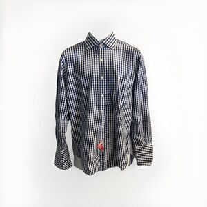 T.M. Lewin Mens Regular Fit Lewin 100 Navy Blue White Plaid Dress Shirt 15.5 33